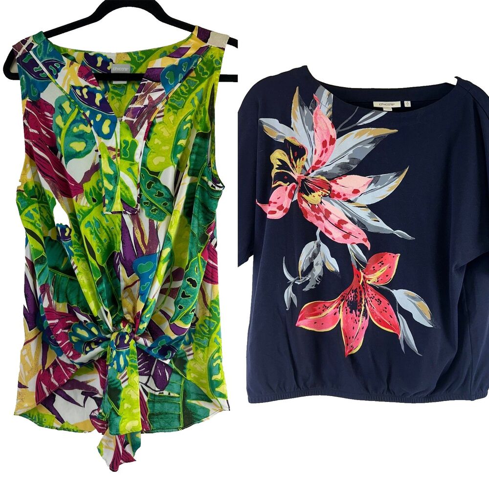 Chicos Beach Bright Floral Sleeveless Tie Front Blouse Short‎ Sleeve Boxy Top L
